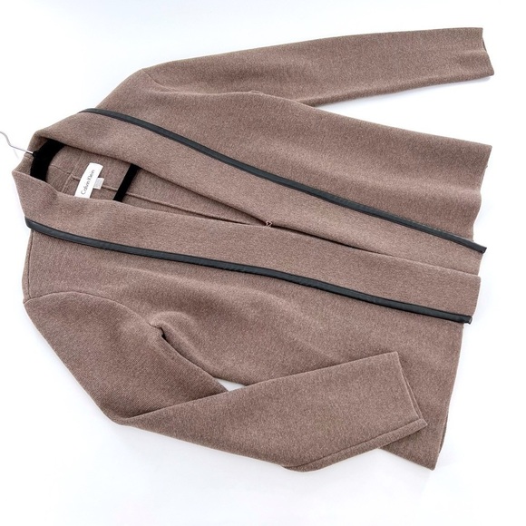 Calvin Klein Women's sz M Taupe/Black Open Front Knit Cardigan Faux Leather Trim - Picture 5 of 13